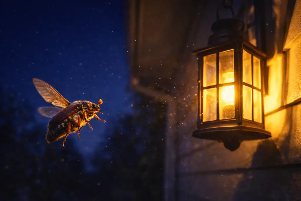 June Bug Symbolism Spiritual, Dream & Biblical Meaning, June bug flying toward light symbolizing spiritual awakening and intuition