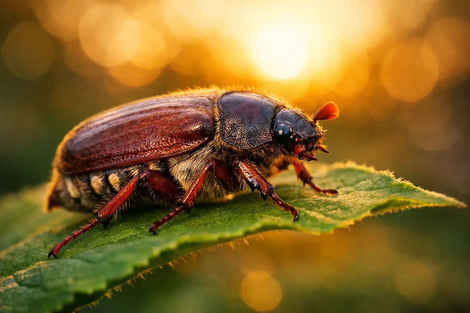Close-up macro of a June bug (Phyllophaga) symbolizing transformation and seasonal renewal