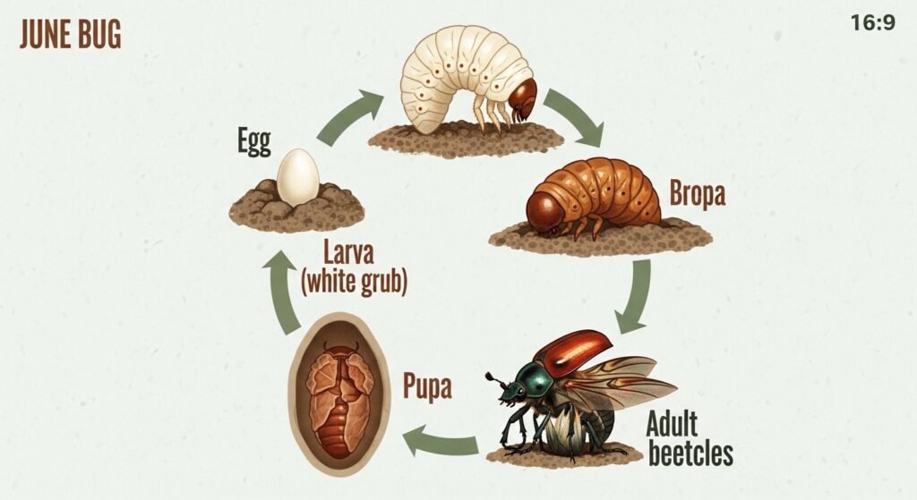 June bug life cycle from larva to adult beetle illustrating metamorphosis